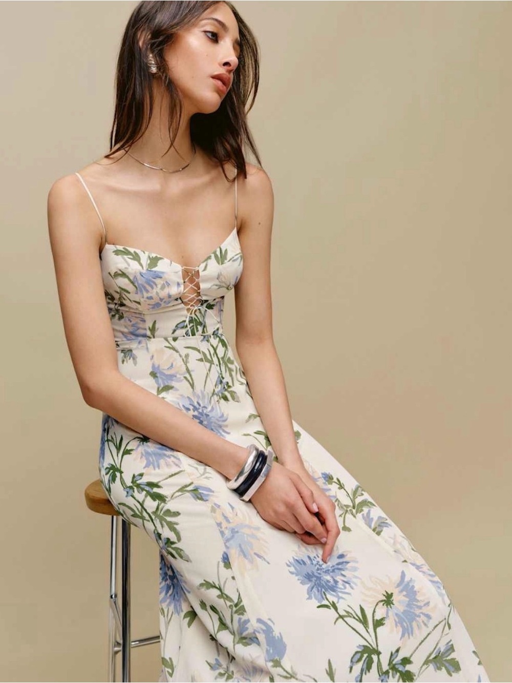 Reformation Emely Ivory Maxi Dress with Blue & Green Floral Print